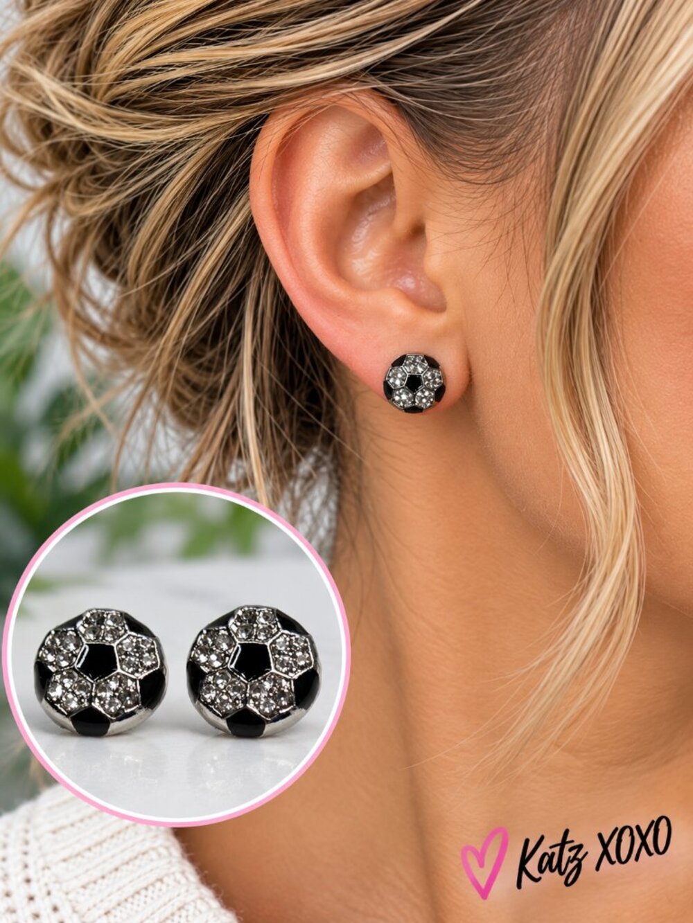 Soccer Ball Rhinestone Stud Earrings Black Silver .50" Coach Game Day Sports Mom